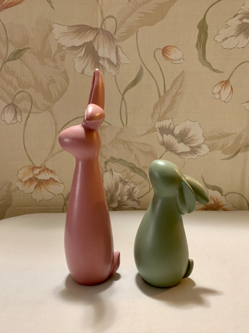 Pair of Minimalist Bunny Figurines - One 10" Mauve, One 6" Green